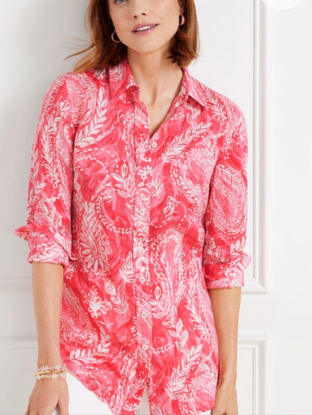 Talbots , Linen Women's Pink Paisley Button-Down Shirt
